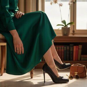 Christian Dior Muse Black Leather Scallop Edging Stud Eyelet Detailing Stiletto